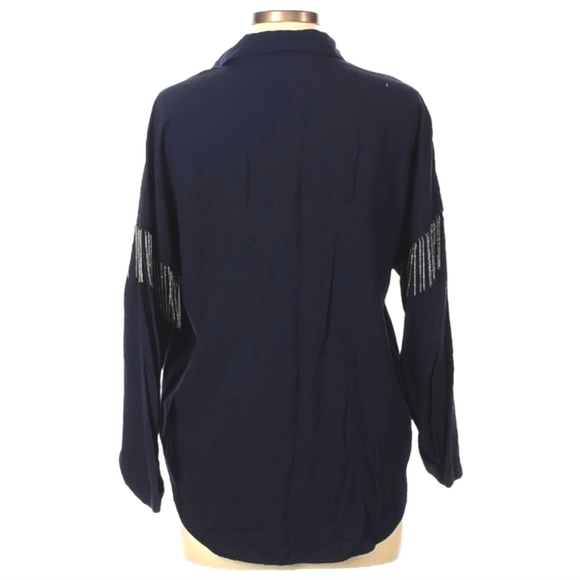 Zara‎ Long Sleeve Blouse Size M Navy Blue Silver Beaded Fringe Button Front - Picture 2 of 7